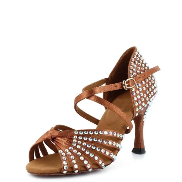 Evkoodance Customsize Dance Shoes Brown Satin Latin Dance Shoes with Rhinestone Women High Heel Latin Salsa Ballroom Shoes