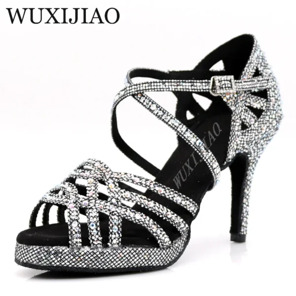 WUXIJIAO New Silver black Latin dance shoes ladies salsa rhinestone shoes dance ladies ballroom dance shoes heel 5cm-10cm
