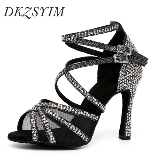 DKZSYIM Rhinestone Women Latin Dance Shoes Latin Salsa Girl Dancing Shoes Black Shiny Ballroom Dance Shoes For Girls Ladies