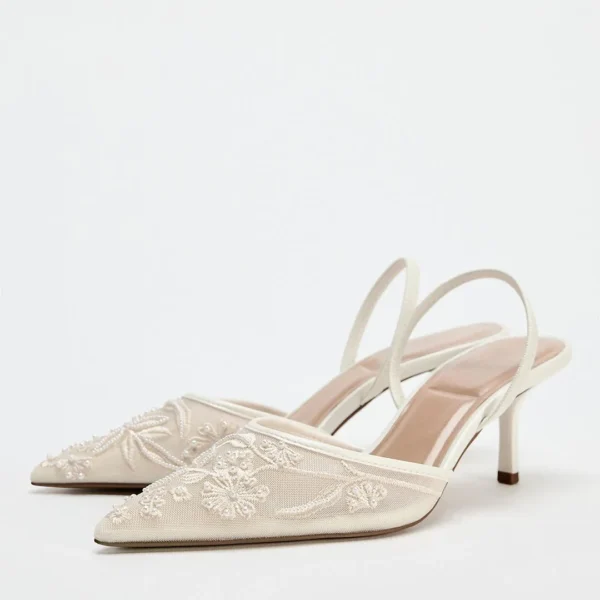 TRAF White Embroidery Mesh Stiletto Pumps New French Style Thin Heel Slingbacks For Woman Summer Point Head Sandal Women's Shoes