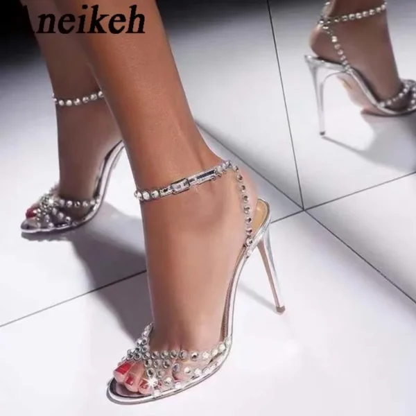 Aneikeh Women's Summer Fashion Sexy PVC Peep Toe Sandals 2024 Shiny Crystal Narrow Band Cross Design Thin High Heels Party Dress